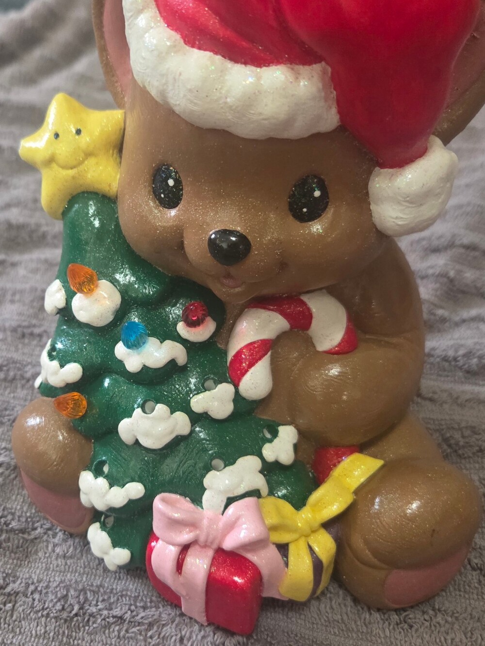 Vintage ceramic bear with Xmas tree Handpainted